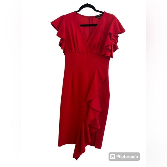 🤩 SALE Knitee Women's Deep-V Neck Ruffle Sleeves Cocktail Party Dress - Picture 2 of 6